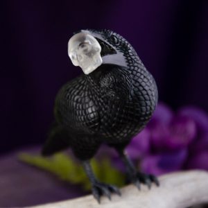 Jet Stone Raven with Quartz Skull at DreamingGoddess.com