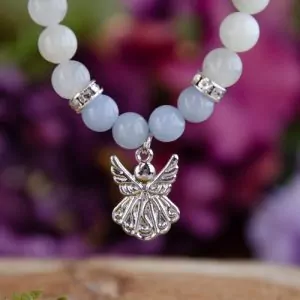 Angelite and Rainbow Moonstone Bracelet with Angel Charm at DreamingGoddess.com