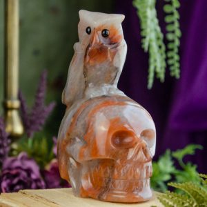 Banded Carnelian and Agate Skull with Owl at DreamingGoddess.com