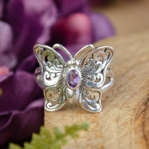 Sterling Silver Butterfly with Amethyst Ring at DreamingGoddess.com