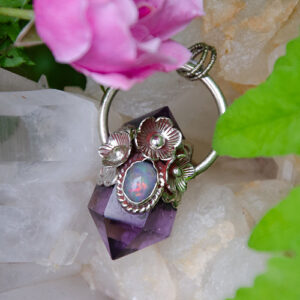 Double Terminated Amethyst Point with Opal Cabochon Pendant at DreamingGoddess.com